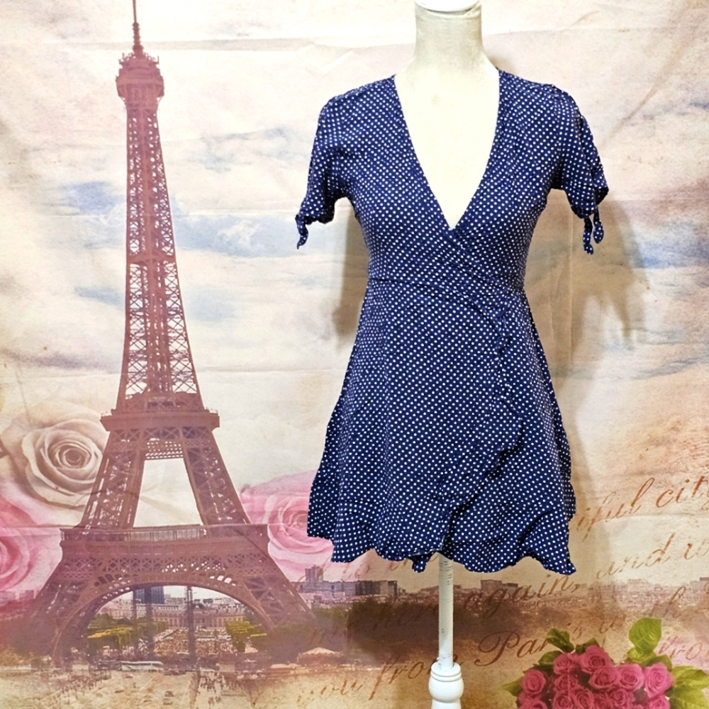 Polka Dot Wrap Dress in Blue Sz S